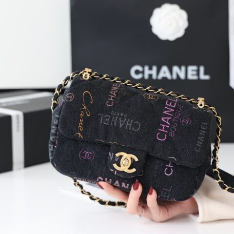 CHANEL2022cc春夏预告系列22p cf涂鸦牛仔布包AS3134黑色
