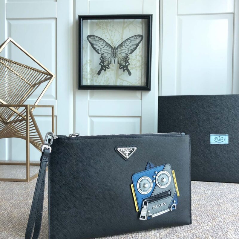 PRADA普拉达进口十字纹牛皮男士手包2VG005