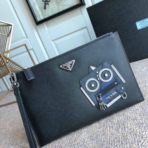 PRADA普拉达进口十字纹牛皮男士手包2VG005