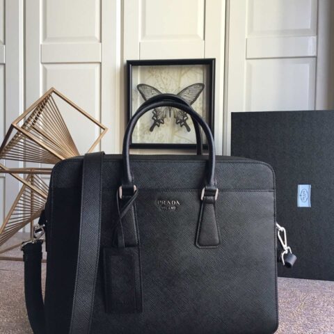 PRADA普拉达进口原厂粗十字纹男士公文包2VE363B