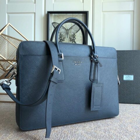 PRADA普拉达进口粗十字纹牛皮男士公文包2VE008B