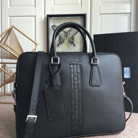 PRADA普拉达原厂十字纹牛皮男士公文包2VE368G