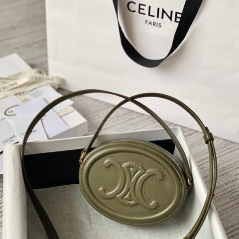 CELINE 光滑牛皮革斜挎椭圆形猪鼻子包 101703橄榄绿