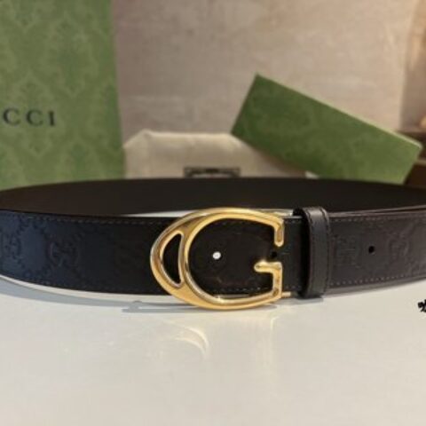 Gucci古驰    头层牛皮压纹纹理G字金属夹扣男士35mm腰带