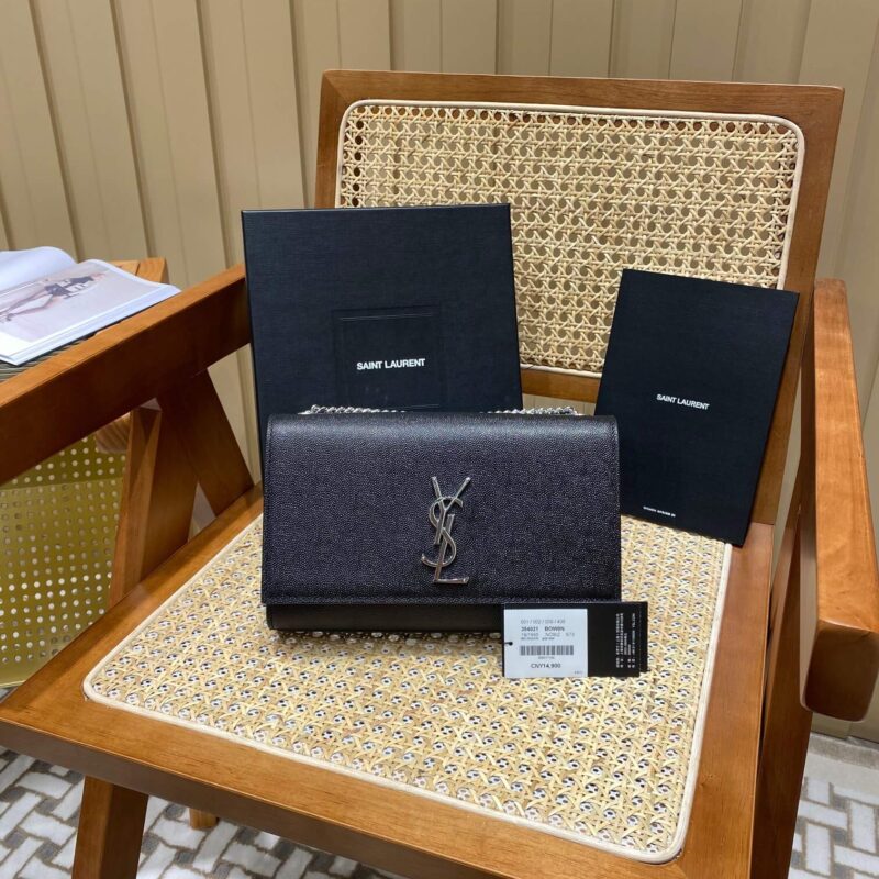 YSL 𝑲𝒂𝒕𝒆 𝟮𝟰𝒄𝒎 球纹斜挎链条包 黑色/银扣