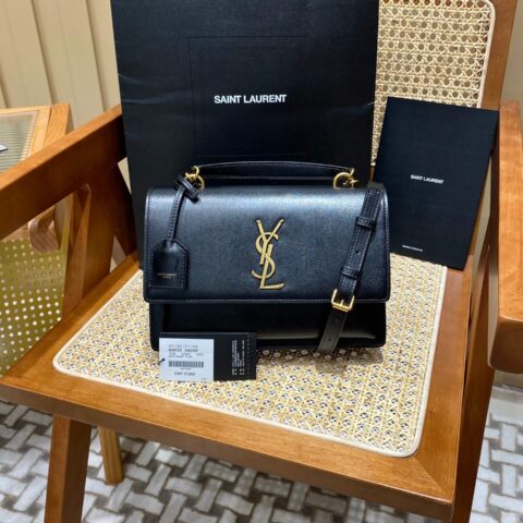 YSL 𝙉𝙚𝙬 𝙢𝙚𝙙𝙞𝙪𝙢 𝙨𝙪𝙣𝙨𝙚𝙩 25CM 牙签纹日落包 634723黑色/金扣