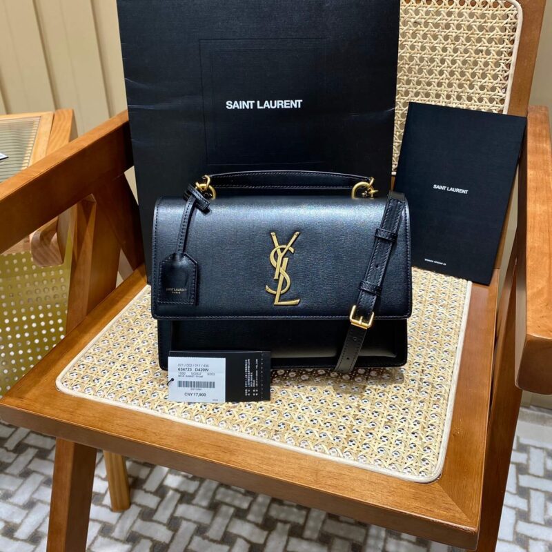 YSL 𝙉𝙚𝙬 𝙢𝙚𝙙𝙞𝙪𝙢 𝙨𝙪𝙣𝙨𝙚𝙩 25CM 牙签纹日落包 634723黑色/金扣