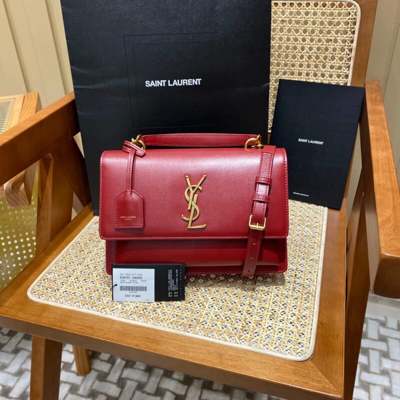 YSL 𝙉𝙚𝙬 𝙢𝙚𝙙𝙞𝙪𝙢 𝙨𝙪𝙣𝙨𝙚𝙩 25CM 牙签纹日落包 634723酒红色/金扣