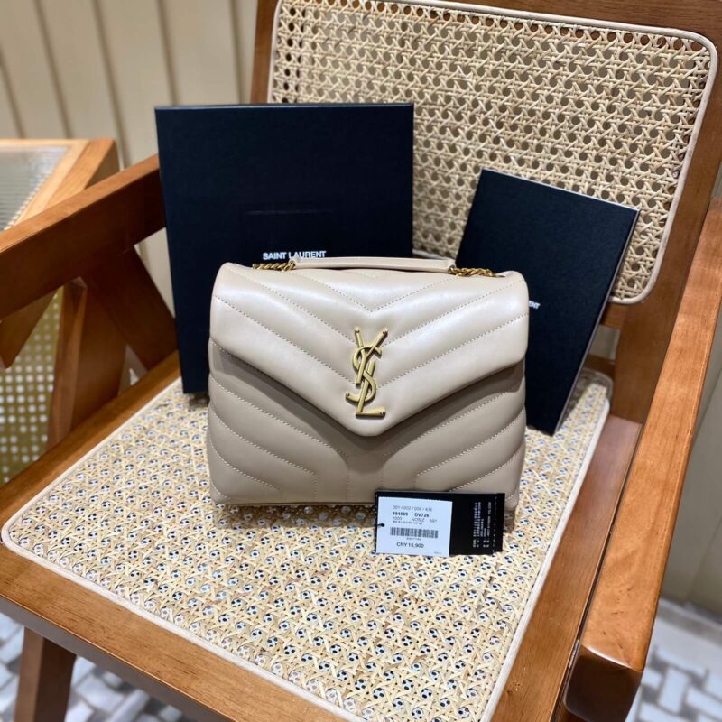 YSL LOULOU 23CM Y型绗缝链条包 494699杏色/金扣