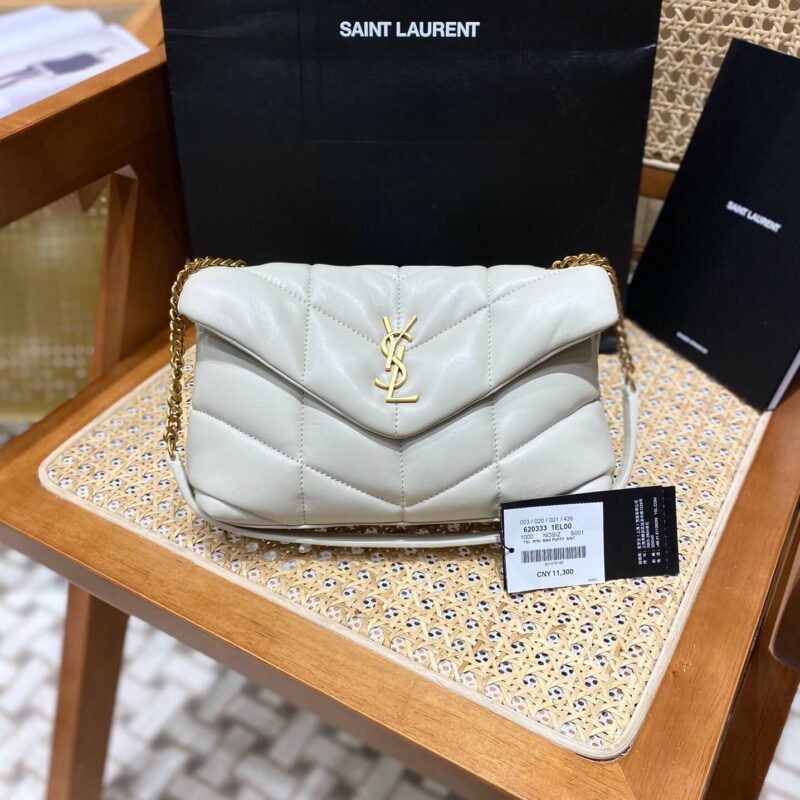 Ysl LOULOU PUFFER 23CM 迷你绗缝小羊皮包 620333白色/金扣