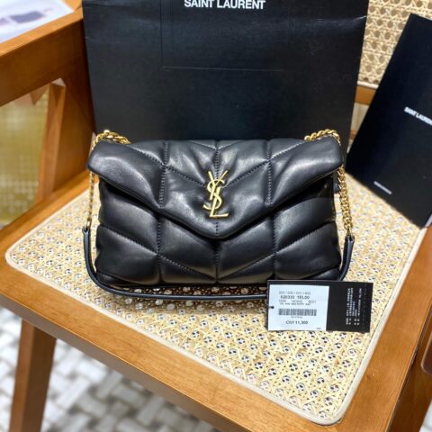 Ysl LOULOU PUFFER 23CM 迷你绗缝小羊皮包 620333黑色/金扣