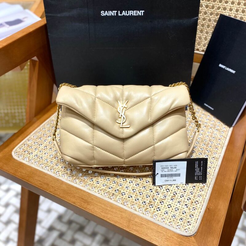 Ysl LOULOU PUFFER 23CM 迷你绗缝小羊皮包 620333奶油杏色/金扣
