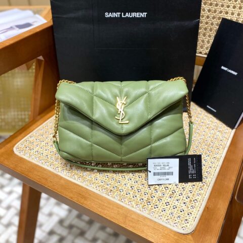 Ysl LOULOU PUFFER 23CM 迷你绗缝小羊皮包 620333牛油果绿/金扣