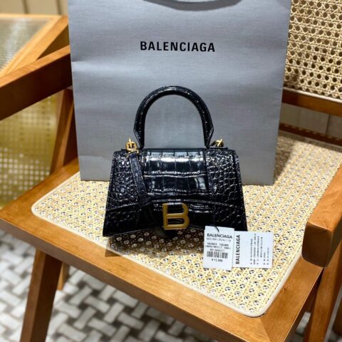 Balenciaga Hourglass XS 19CM BAG 鳄鱼纹沙漏包 592833黑色/金扣