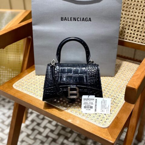 Balenciaga Hourglass XS 19CM BAG 鳄鱼纹沙漏包 592833黑色/银扣