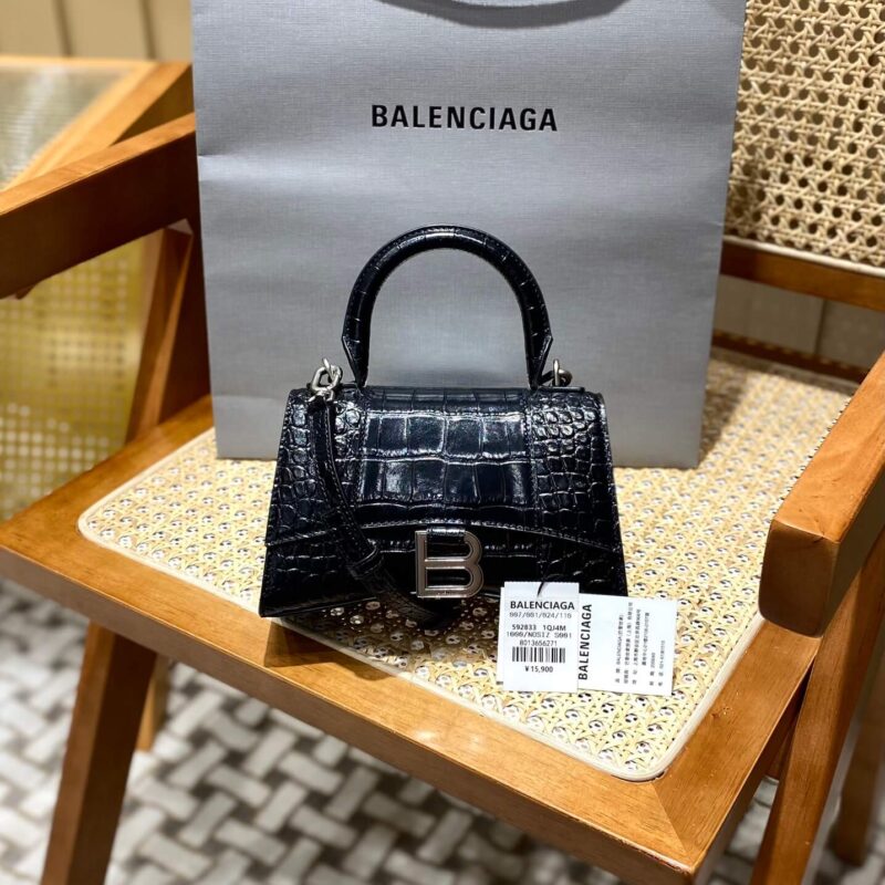 Balenciaga Hourglass XS 19CM BAG 鳄鱼纹沙漏包 592833黑色/银扣