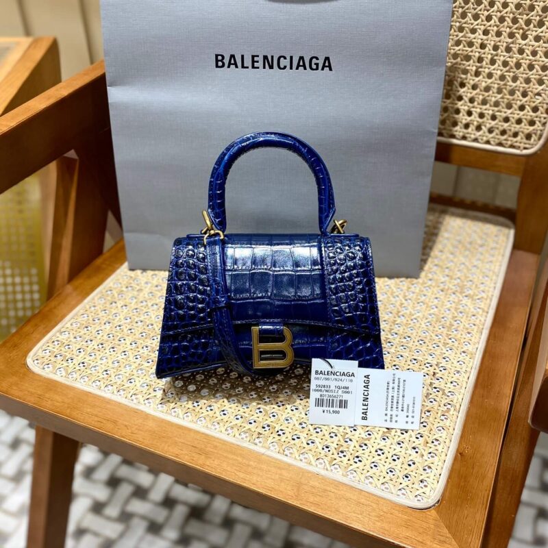 Balenciaga Hourglass XS 19CM BAG 鳄鱼纹沙漏包 592833蓝色/金扣