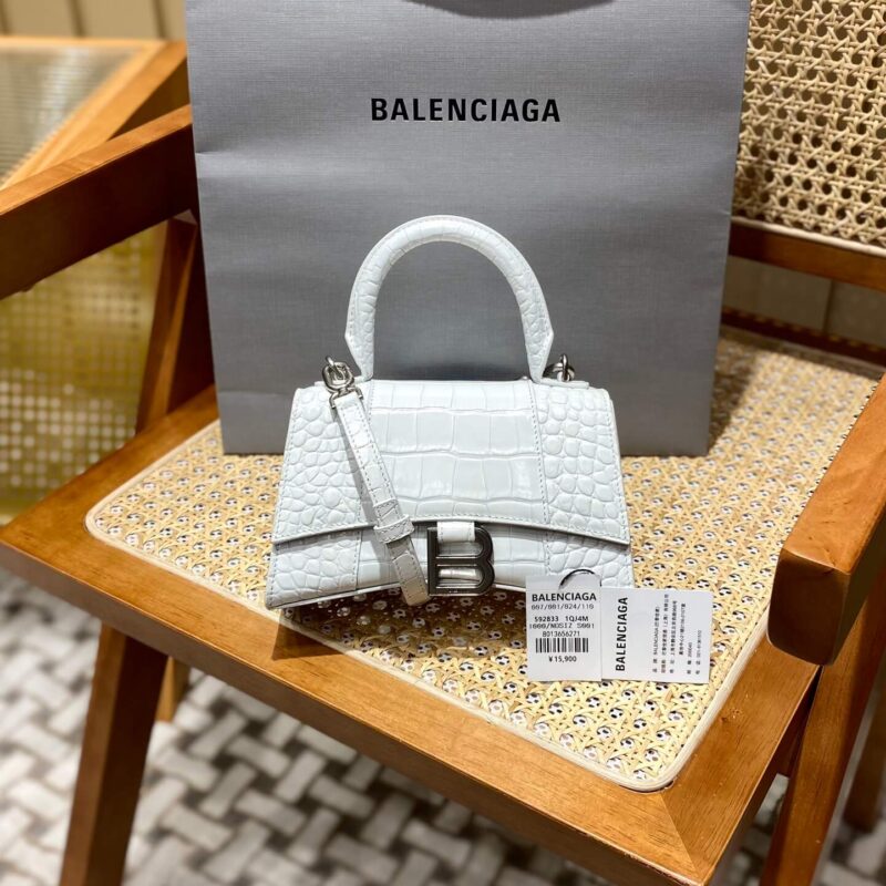 Balenciaga Hourglass XS 19CM BAG 鳄鱼纹沙漏包 592833白色/银扣