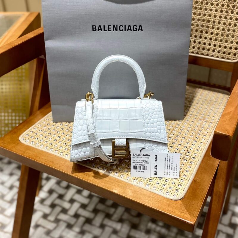 Balenciaga Hourglass XS 19CM BAG 鳄鱼纹沙漏包 592833白色/金扣