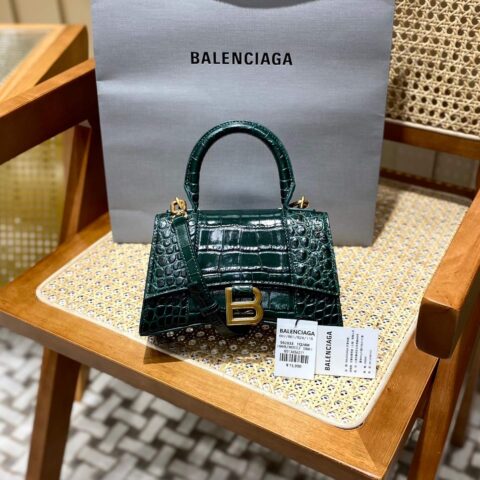 Balenciaga Hourglass XS 19CM BAG 鳄鱼纹沙漏包 592833墨绿/金扣