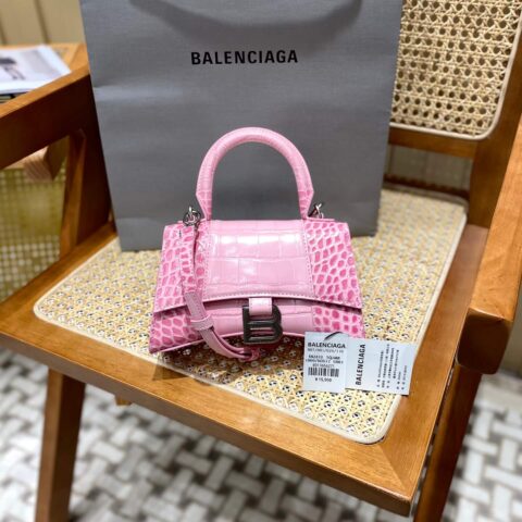 Balenciaga Hourglass XS 19CM BAG 鳄鱼纹沙漏包 592833樱花粉/银扣