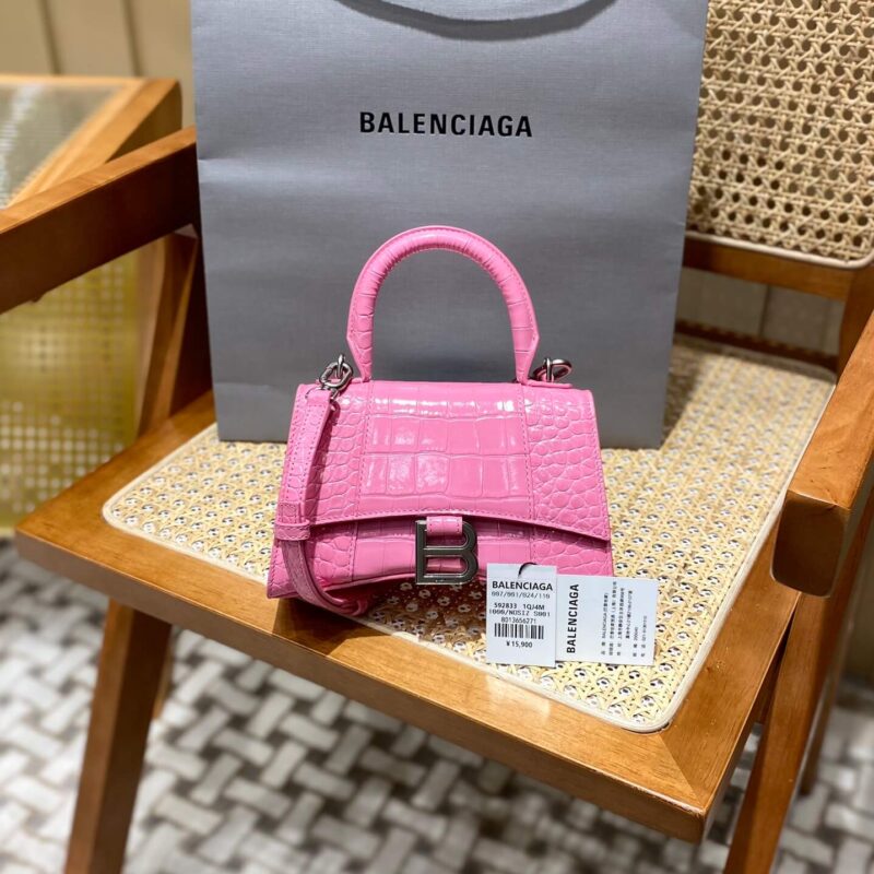 Balenciaga Hourglass XS 19CM BAG 鳄鱼纹沙漏包 592833粉色/银扣