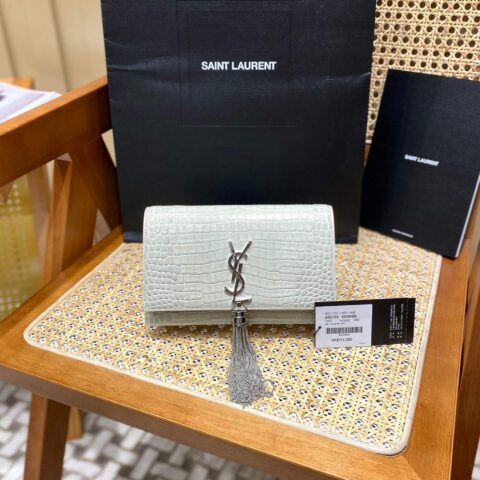 YSL KATE 19CM 流苏链条包 452159鳄鱼纹/白色银扣
