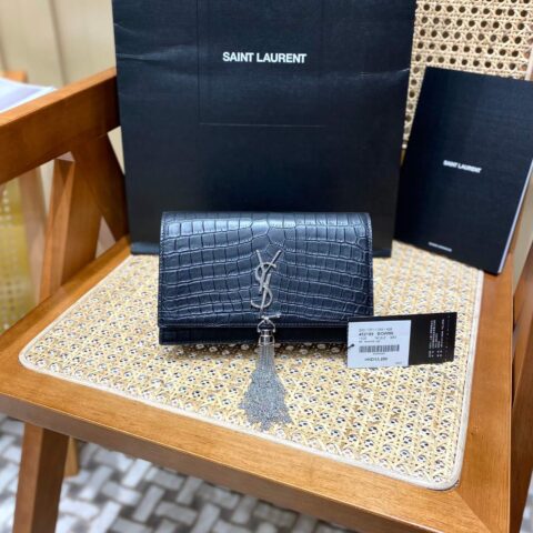 YSL KATE 19CM 流苏链条包 452159鳄鱼纹/黑色银扣
