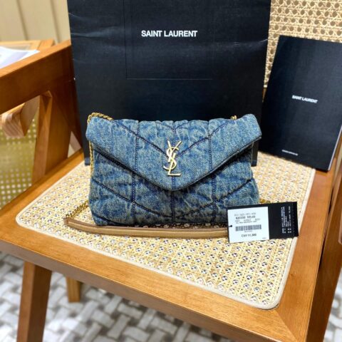 YSL LOULOU PUFFER 23CM 牛仔布纹迷你绗缝包 620333
