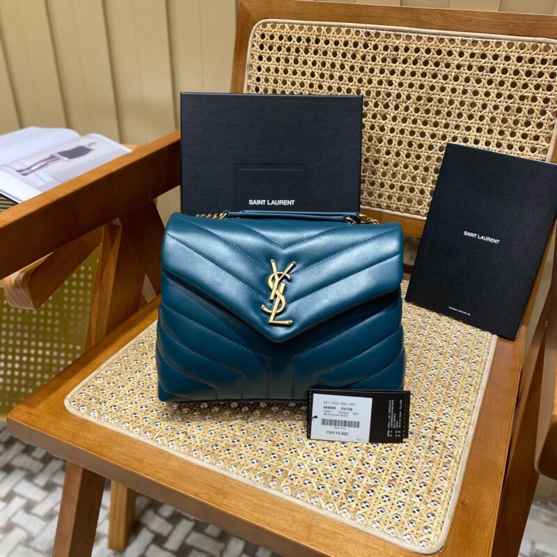 YSL LOULOU 23CM Y型绗缝链条包 494699海洋松石绿/金扣