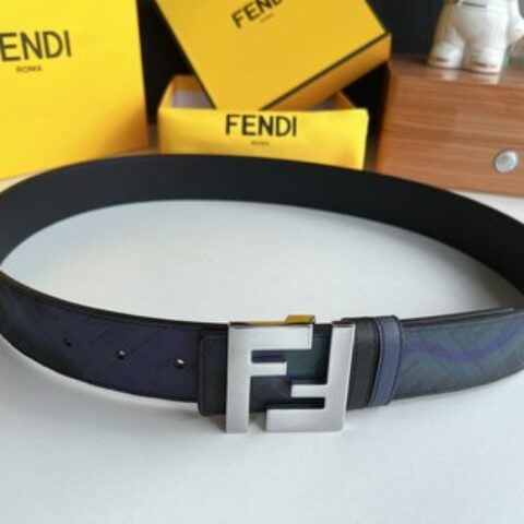 FENDI芬迪   印花深蓝色双FF牛皮腰带4.0cm