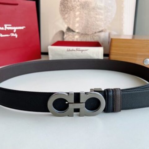 Ferragamo菲拉格慕   经典黑色咖啡三层夹心的金属扣男士3.5cm腰带