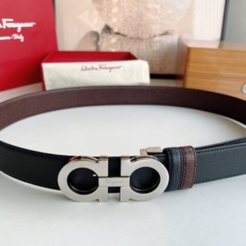 Ferragamo菲拉格慕   经典黑色咖啡三层夹心的金属扣男士3.5cm腰带