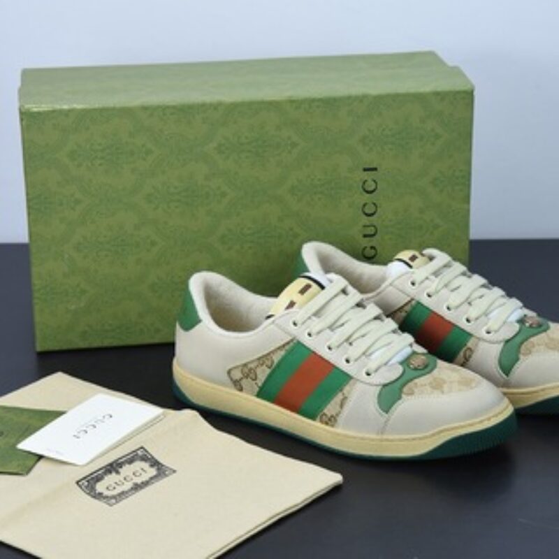Gucci古驰小脏鞋系列 纯原绿盒 Distressed Screener sneaker 经典原型复古百搭做旧小脏板鞋