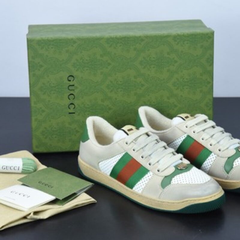 Gucci古驰小脏鞋系列 纯原绿盒 Distressed Screener sneaker 经典原型复古百搭做旧小脏板鞋
