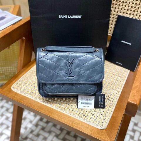 YSL Niki 22CM 邮差包 633151灰蓝色/银链