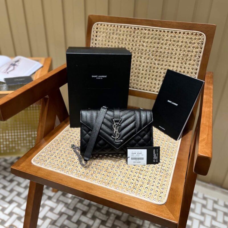 YSL ENVELOPE 21CM 小号粒面压花绗缝真皮信封包 526286黑色/银扣