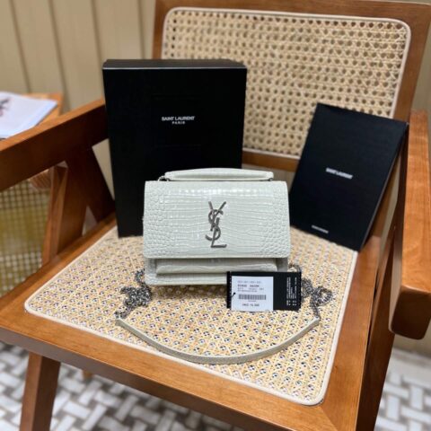 YSL Sunset Woc 19CM 鳄鱼纹日落包 533026白色/银扣