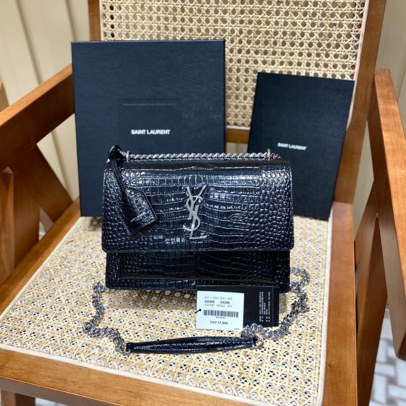 YSL Sunset 22CM 鳄鱼纹日落包 442906黑色/银扣