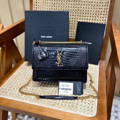 YSL Sunset 22CM 鳄鱼纹日落包 442906黑色/金扣