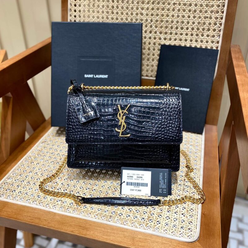 YSL Sunset 22CM 鳄鱼纹日落包 442906黑色/金扣
