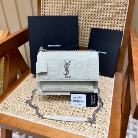 YSL Sunset 22CM 鳄鱼纹日落包 442906白色/银扣