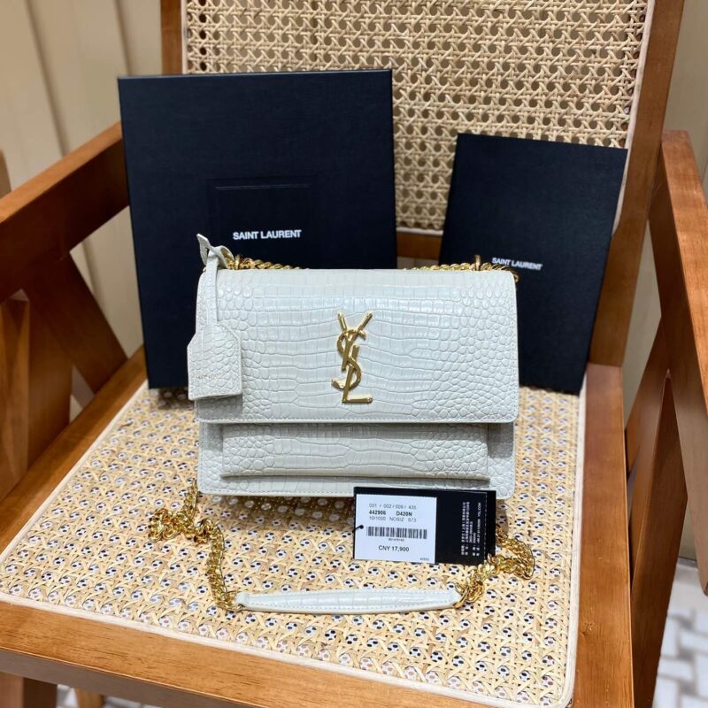 YSL Sunset 22CM 鳄鱼纹日落包 442906白色/金扣