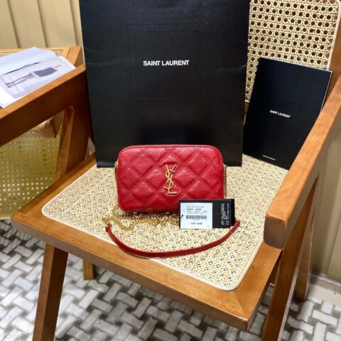 YSL BECKY 菱形绗缝双拉链手拿包 608941红色/金扣