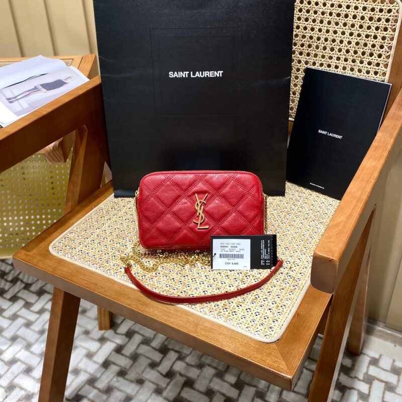 YSL BECKY 菱形绗缝双拉链手拿包 608941红色/金扣