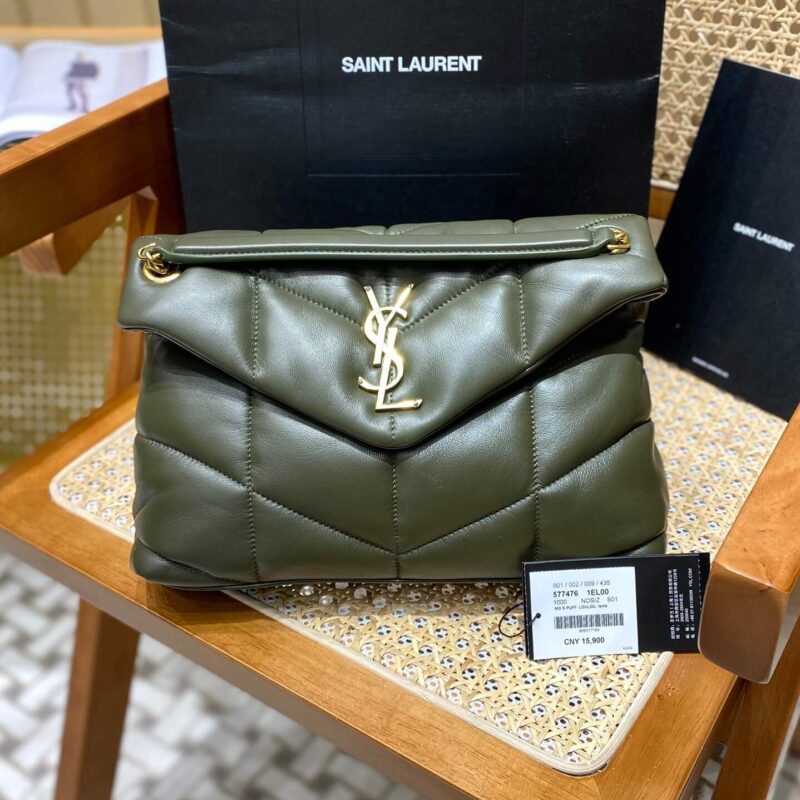 YSL LOULOU PUFFER 29CM 绗缝小羊皮包 577476橄榄绿/金扣