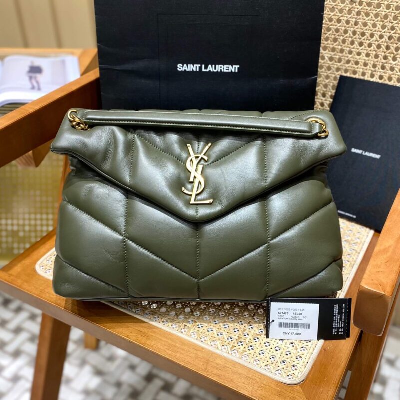 YSL LOULOU PUFFER 35CM 绗缝小羊皮包 577475橄榄绿/金扣