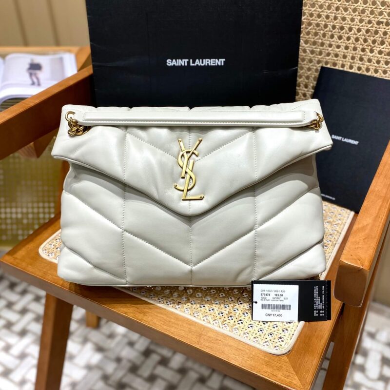 YSL LOULOU PUFFER 35CM 绗缝小羊皮包 577475白色/金扣