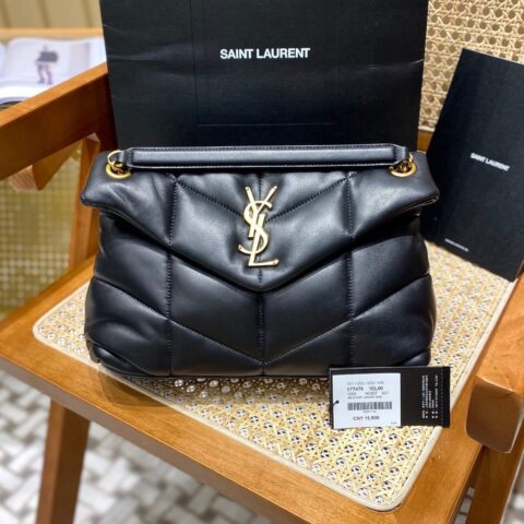 YSL LOULOU PUFFER 29CM 绗缝小羊皮包 577476黑色/金扣