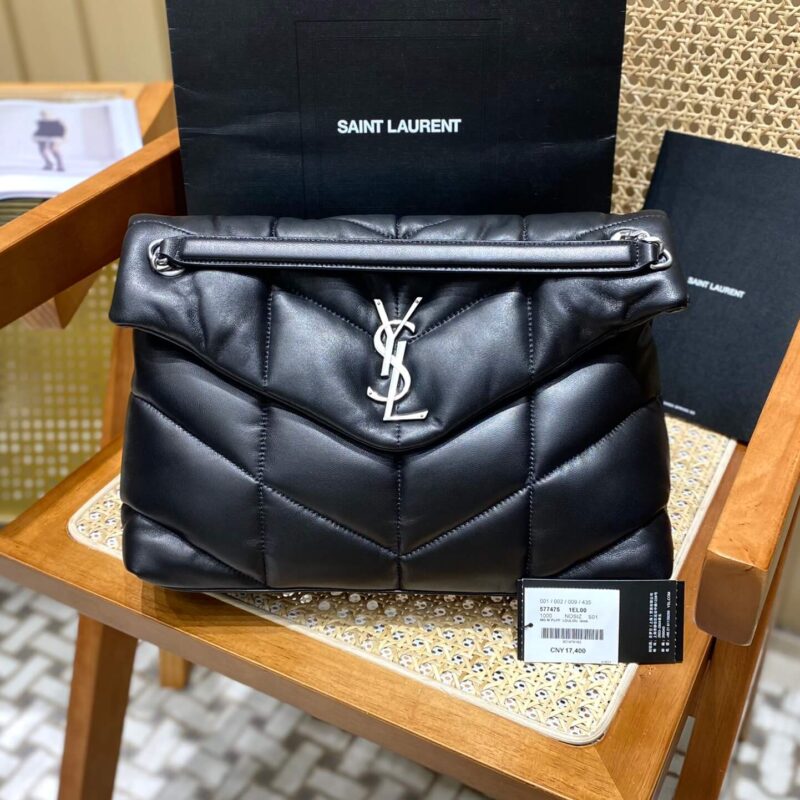 YSL LOULOU PUFFER 35CM 绗缝小羊皮包 577475黑色/银扣